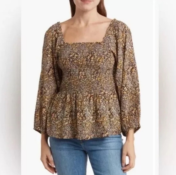 Madewell Brown Puff Sleeve Peplum Blouse - Picture 1 of 4